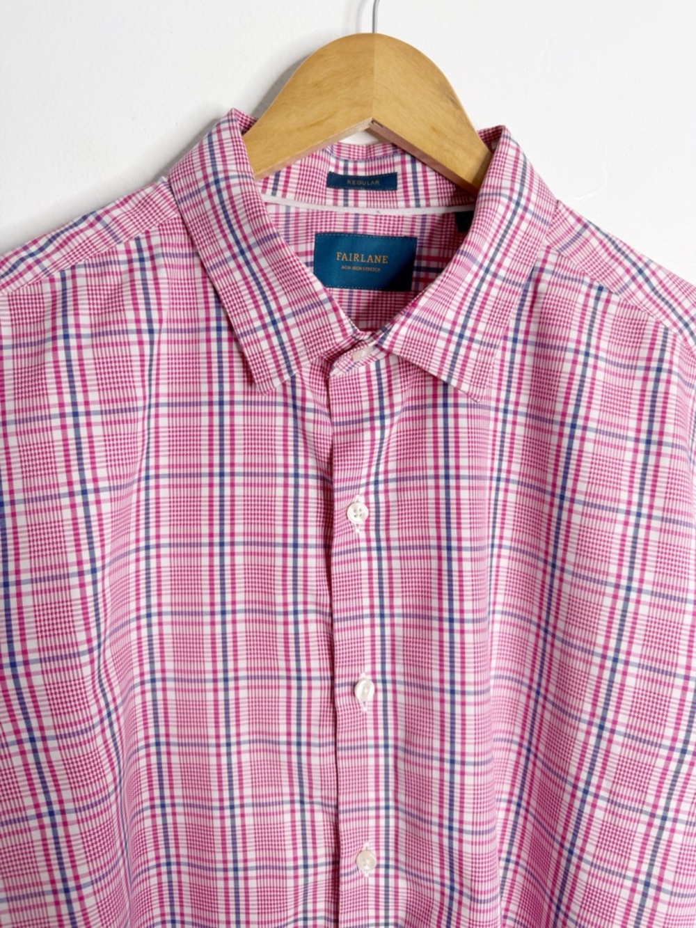 Stitch Fix Fairlane Mens Regular Pink Plaid Button Front Shirt XL Preppy Stretch